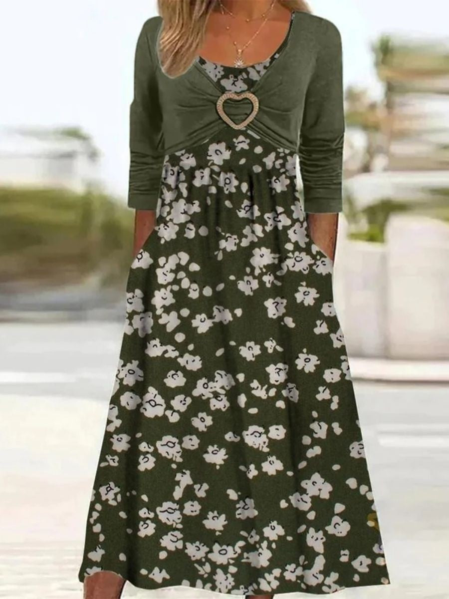 Robe Midi À Col Rond, Imprimé Floral Et Manches 3/4 Pour Femme | Charmante