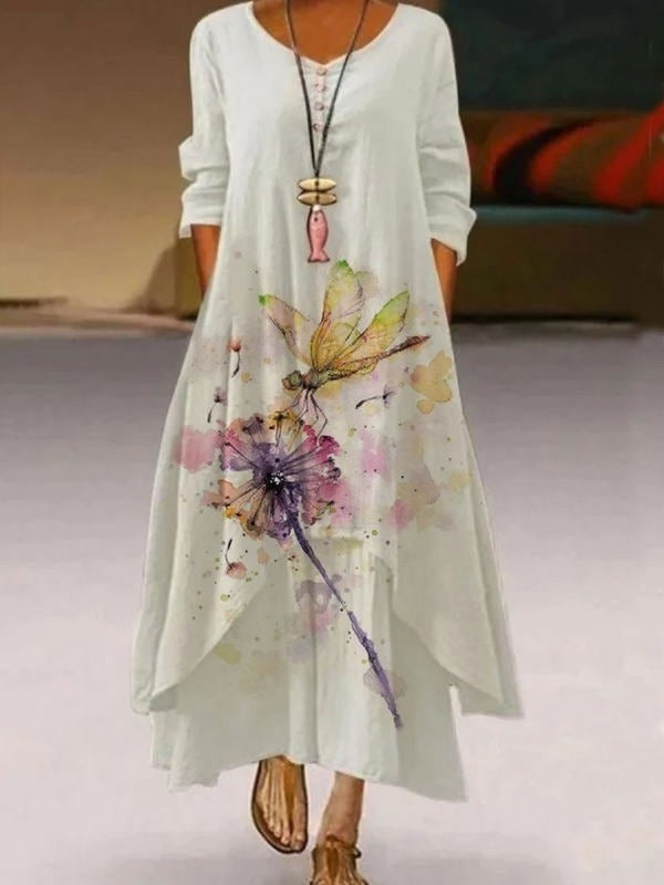 Robe Longue À Manches Longues Pour Femme, Col Rond, Imprimé Pissenlit | Bohème