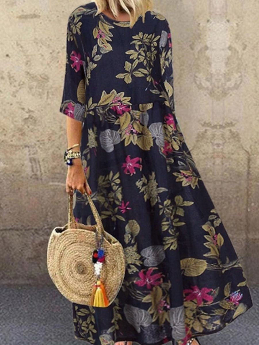 Robe Longue Décontractée À Col Rond Et Imprimé Floral À Demi-manches Pour Femme, Bleu Marine | Confortable