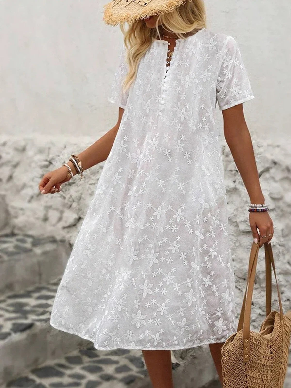 Robe Midi En Coton Uni À Col Ras Du Cou Pour Femme | Décontractée Et Polyvalente