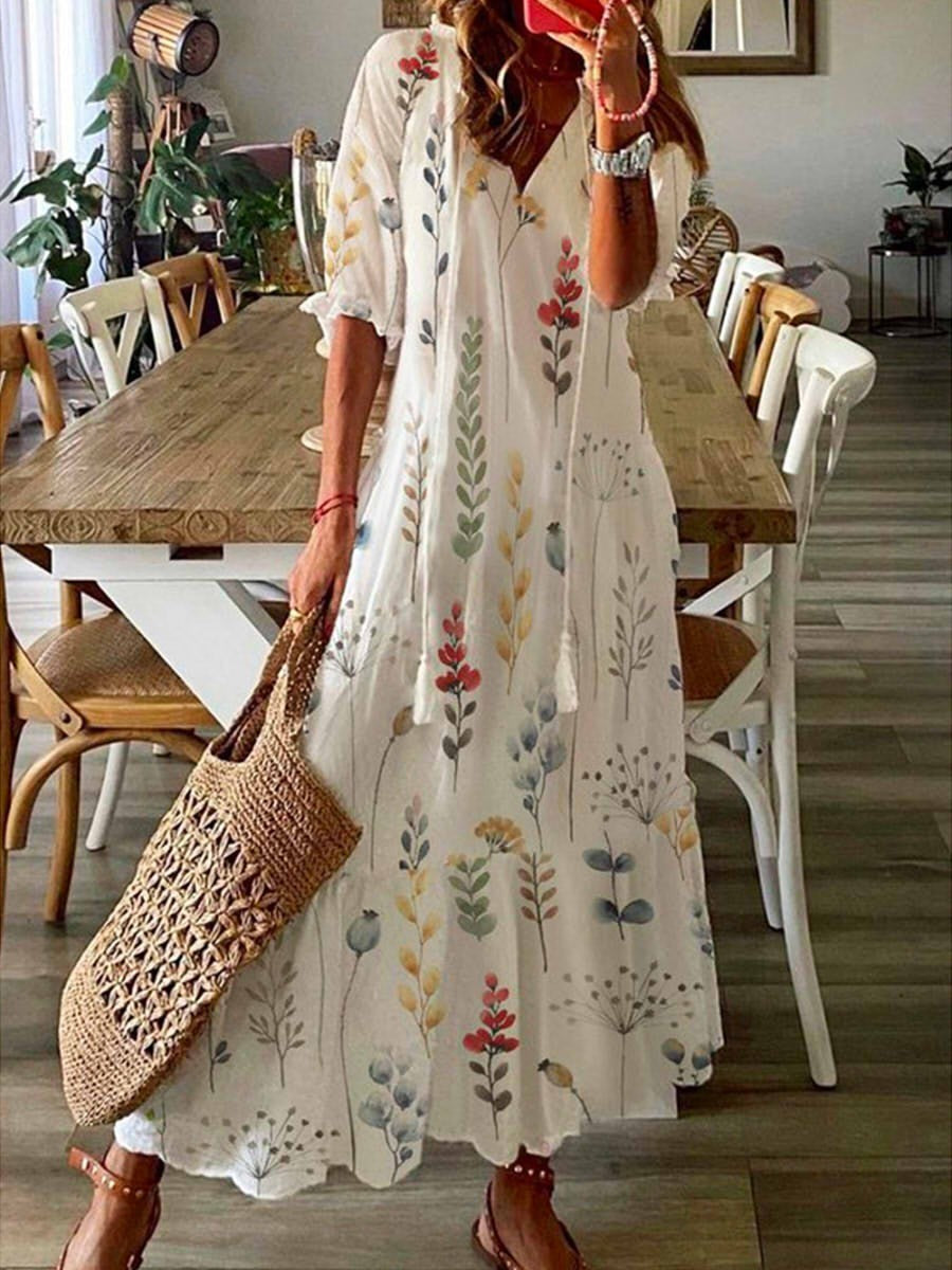 Robe Longue De Vacances À Fleurs Avec Pompons | Bohémienne