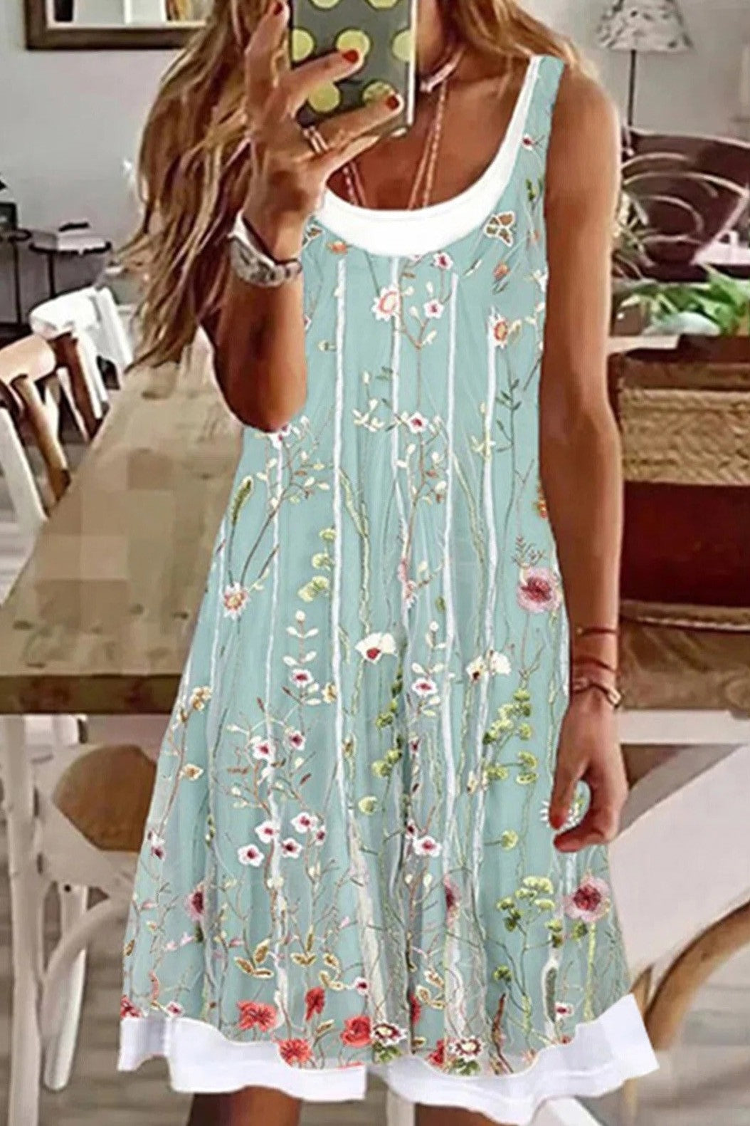 Robe Midi Deux Pièces Sans Manches À Col En U, Imprimé Floral, Pour Femmes | Décontractée Et Sans Effort