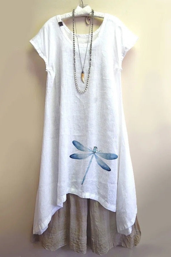 Robe Midi Deux Pièces À Manches Courtes Imprimée Libellule Pour Femme | Décontractée