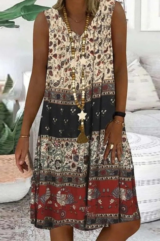 Robe Midi Sans Manches À Col En V Pour Femme, Imprimé Ethnique Patchwork | Unique