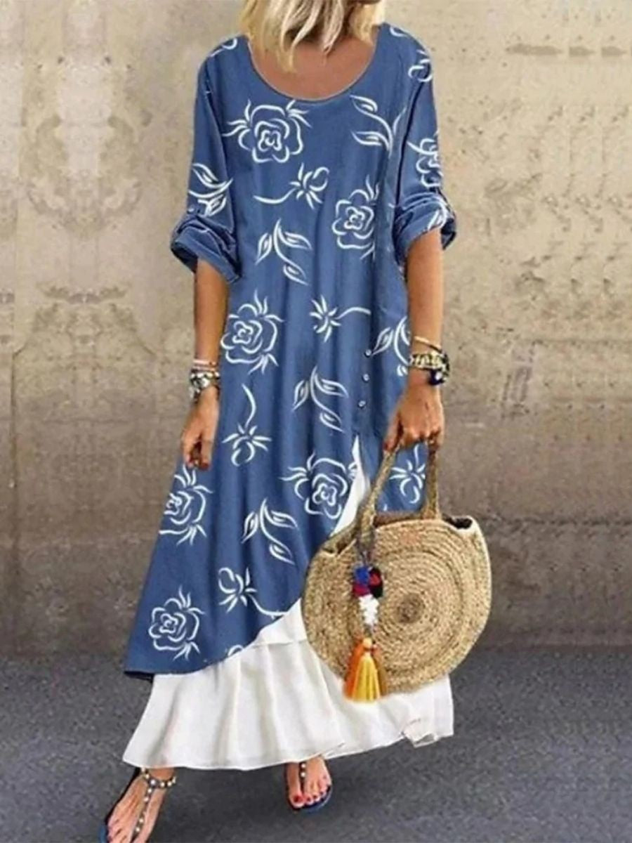 Robe Midi À Manches Longues Pour Femme, Col Rond, Imprimé Floral | Élégante Et Polyvalente