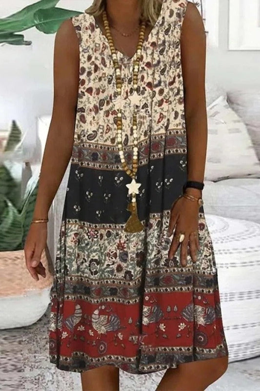 Robe Midi Sans Manches À Col En V Pour Femme, Imprimé Ethnique Patchwork | Unique
